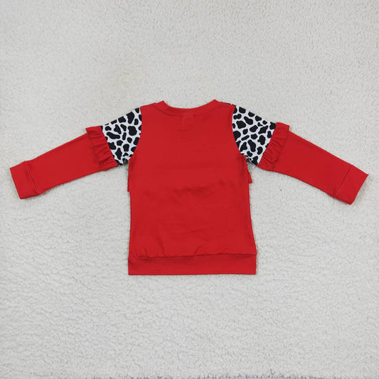Baby Girls Red Cow Print Ruffle Long Sleeve Tee Shirts Tops