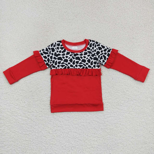 Baby Girls Red Cow Print Ruffle Long Sleeve Tee Shirts Tops