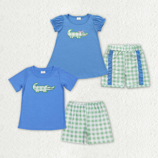 Baby Girls Crocodile Shirt Green Checkered Sibling Shorts Clothes Sets