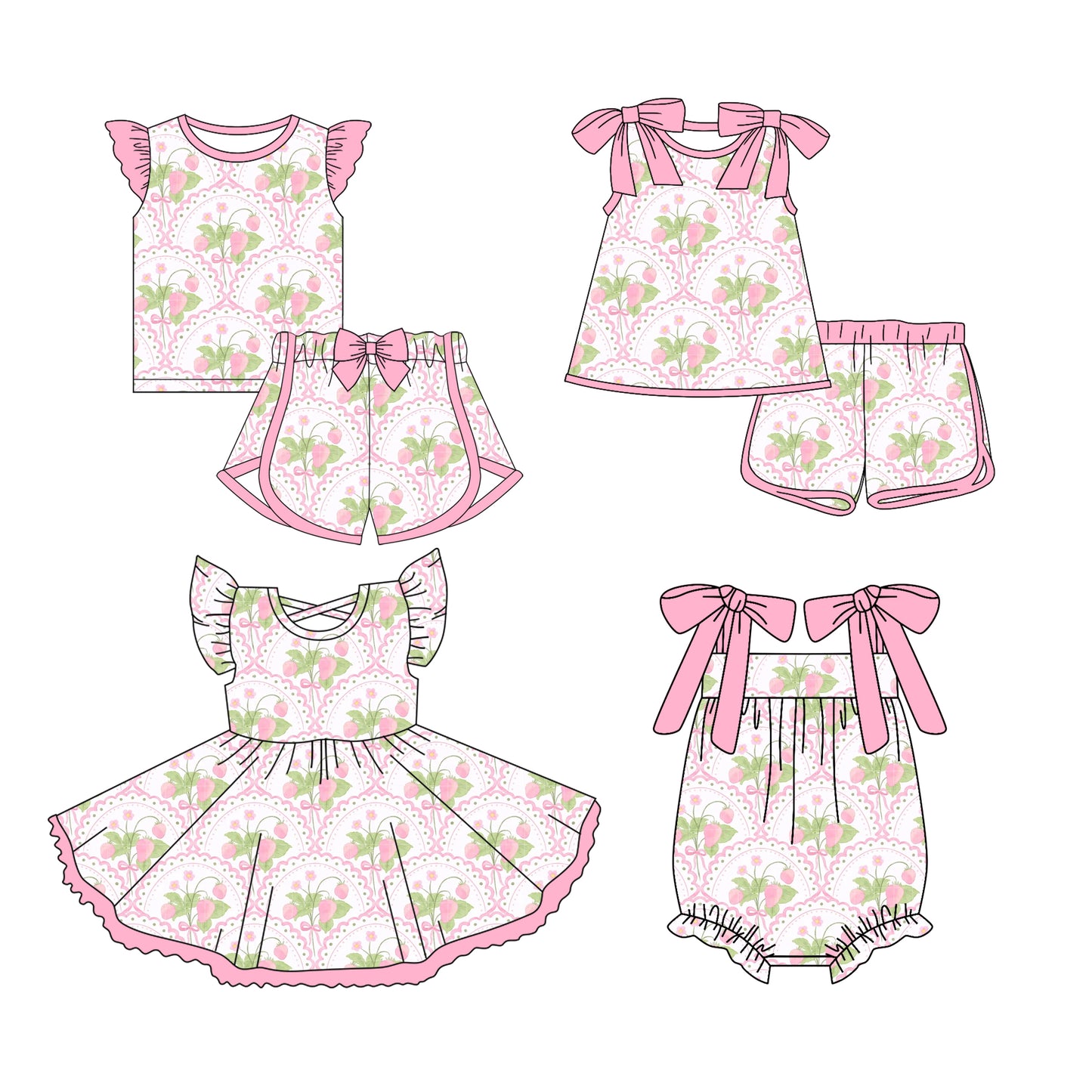 Preorder moq 5 Custom Baby Girls Pink Flowers Plaid Top Short Sets Knee Length Dress Ruffle Rompers