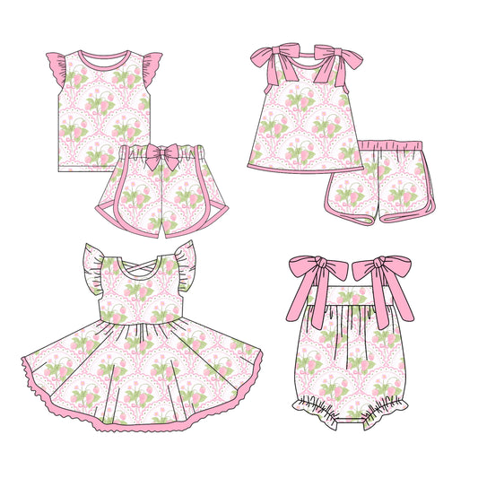 Preorder moq 5 Custom Baby Girls Pink Flowers Plaid Top Short Sets Knee Length Dress Ruffle Rompers