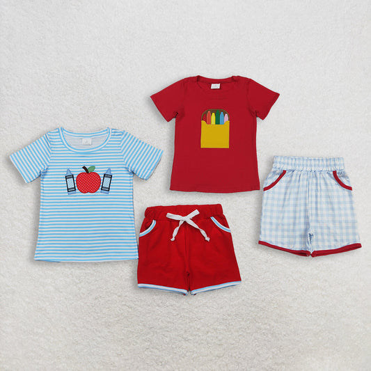 Sibling Baby Boys Embroidery Apple Pencils Top Pockets Short Back to School Clothes Sets