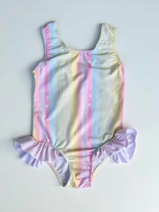 Baby Girls Colorful Stripes Rainbow Ruffles One Piece Swimsuits preorder(moq 5)