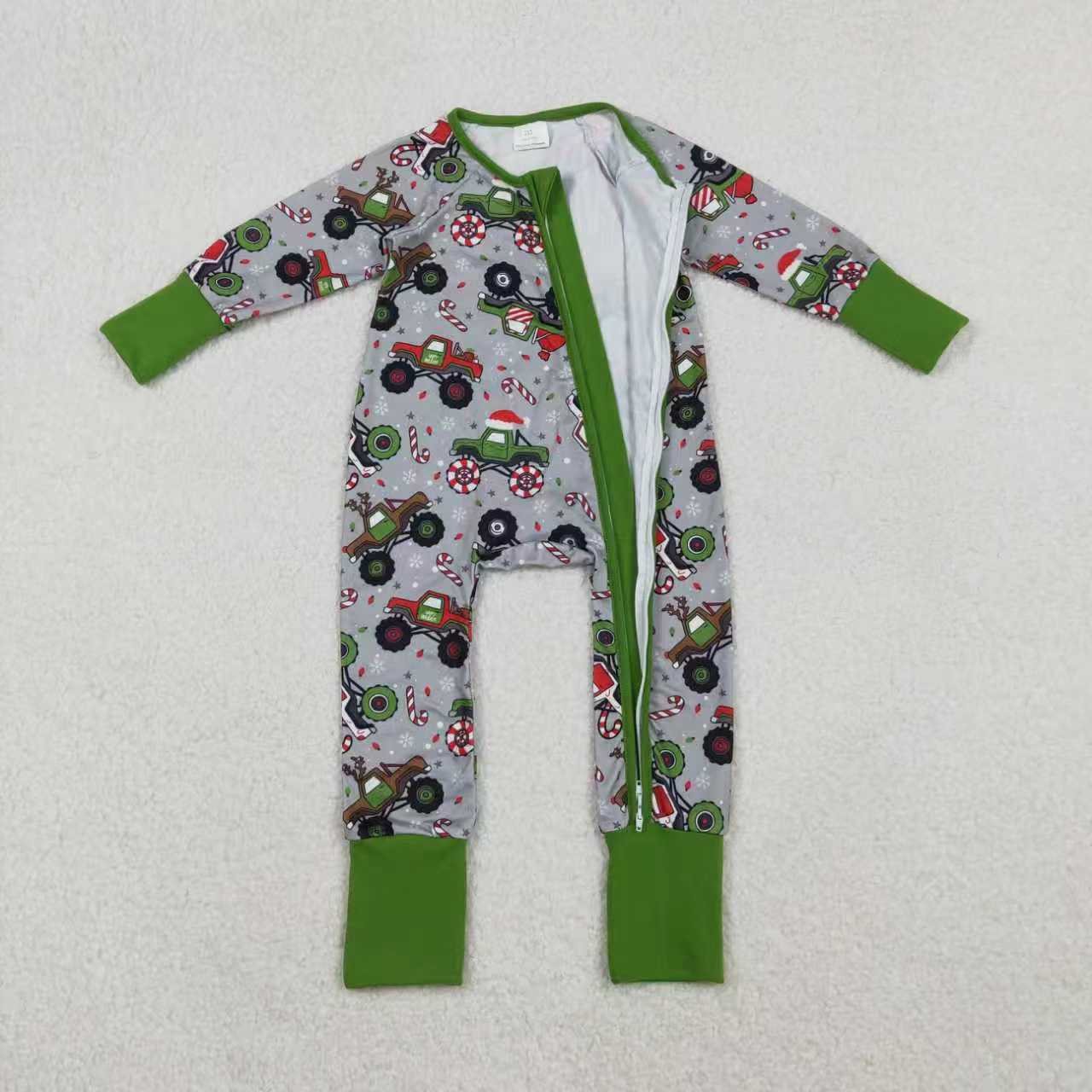 Sibling Baby Boys Trucks Candy Cane Christmas Pants Pajamas Sets Zipper Rompers