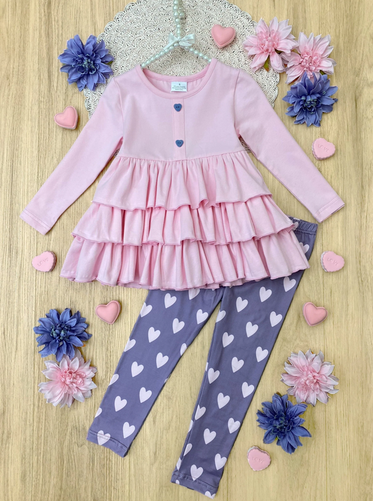 Baby Girls Pink Ruffle Tunic Top Heart Legging Clothes Sets preorder(MOQ 5)