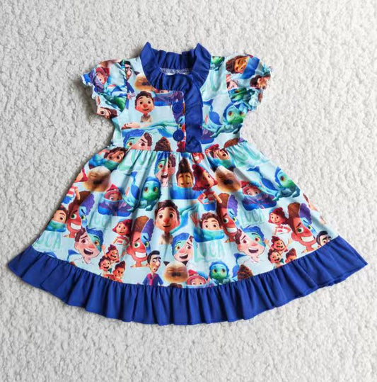Preorder (moq 5)Baby Girls Blue Cartoon Kids Fishes Button Ruffle Knee Length Dresses