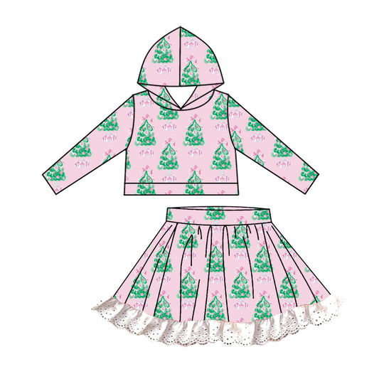 Baby Girls Christmas Pink Trees Hooded Top Lace Skirts Clothes Sets Preorder(moq 5)