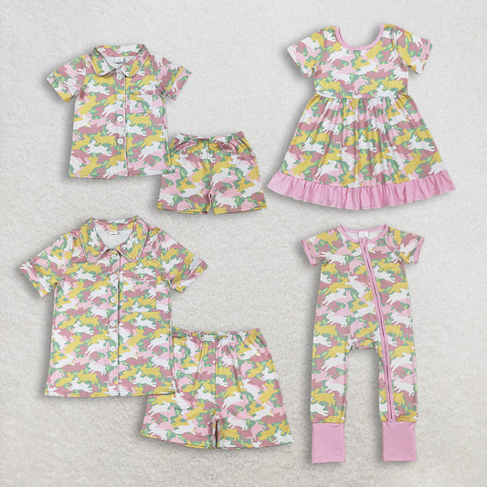 Sibling Mama and Girls Camo Rabbits Button Pocket Short Easter Pajamas Set Dress Zipper Rompers