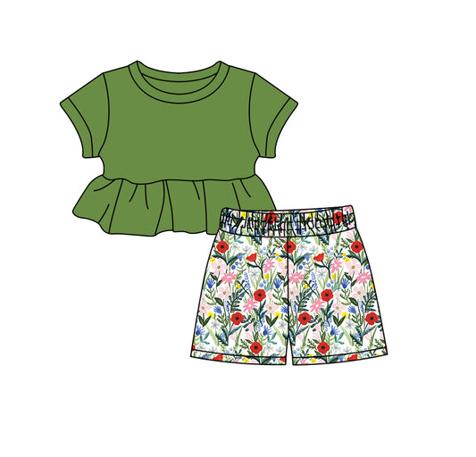 Preorder (moq 5)Baby Girls Green Top Flowers Shorts Clothes Sets