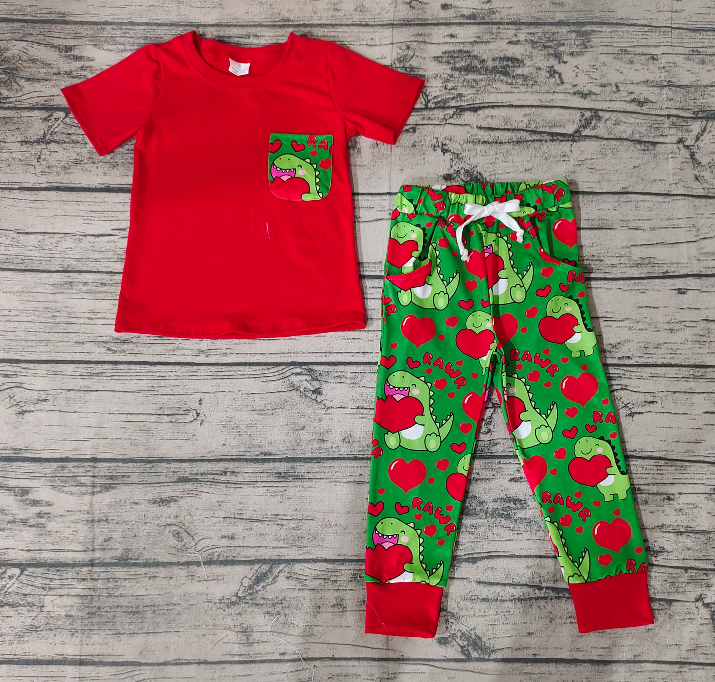 Baby Boys Valentines Pocket Top Dinosaur Hearts Pants Clothes Sets