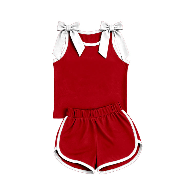 Preorder (moq 5)Baby Girls Red White Bows Sleeveless Top Short Clothes Sets