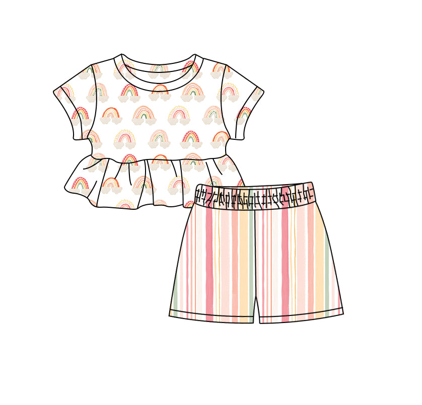 Preorder (moq 5)Baby Girls Rainbow Top Stripes Shorts Clothes Sets