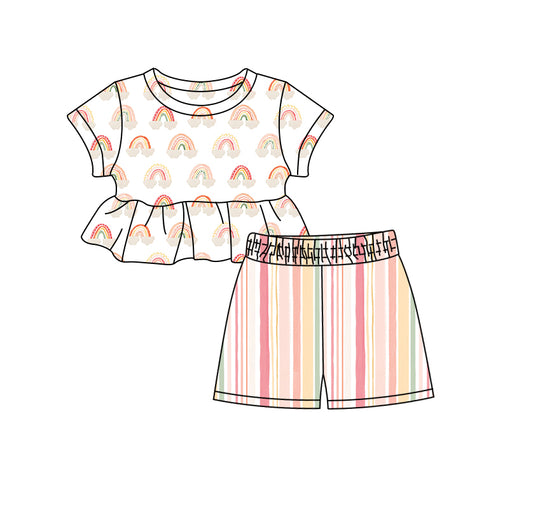 Preorder (moq 5)Baby Girls Rainbow Top Stripes Shorts Clothes Sets