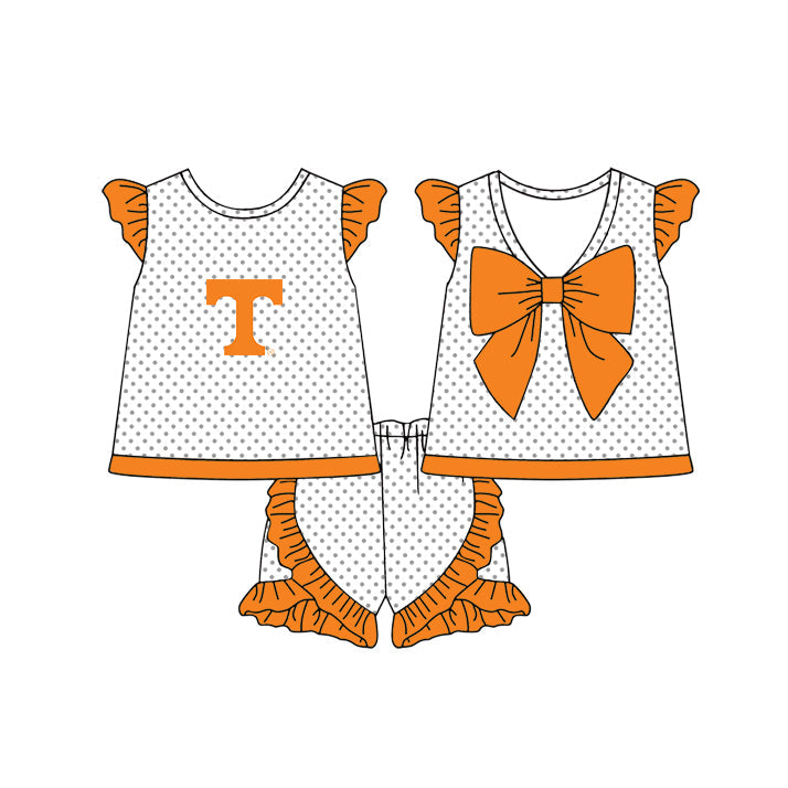 Preorder (moq 5)Baby Girls Tennessee Polka Dots Back Bow Tunic Ruffle Shorts Team Clothes Sets