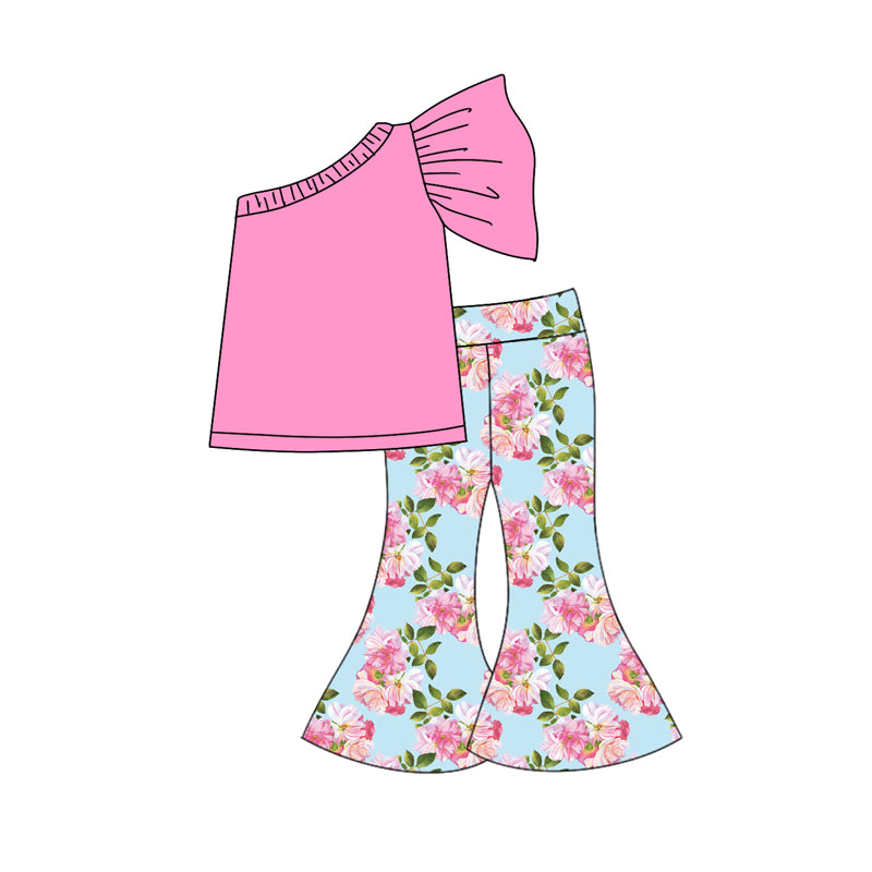 Baby Kids Pink One Shoulder Top Flowers Bell Pants Girls Clothing Sets preorder(MOQ 5)