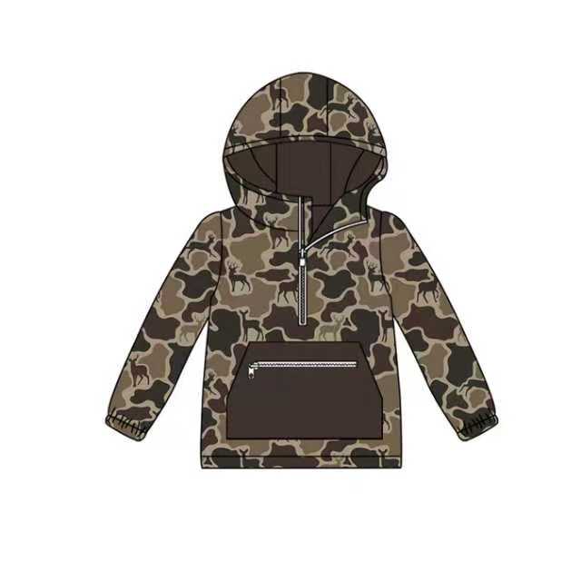 Preorder (moq 5)Baby Boys Dark Brown Deer Camo Zipper Pocket Western Hooded Tops