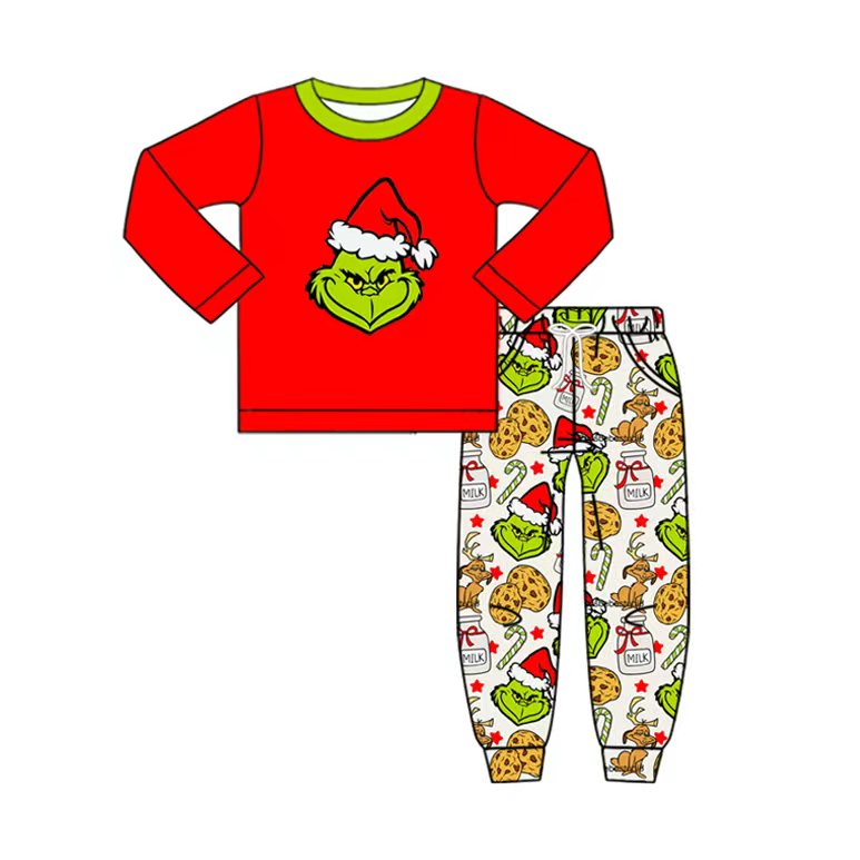 Preorder (moq 5)Baby Boys Christmas Green Face Top Pockets Jogger Pants Clothes Sets