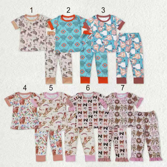 Sibling Baby Boys Girls Short Sleeve Cows Aztec Horses Top Pants Western Pajamas Sets
