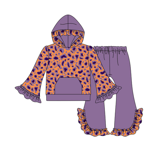 Baby Girls Purple Leopard Hooded Top Ruffle Pants Clothes Sets Preorder(moq 5)