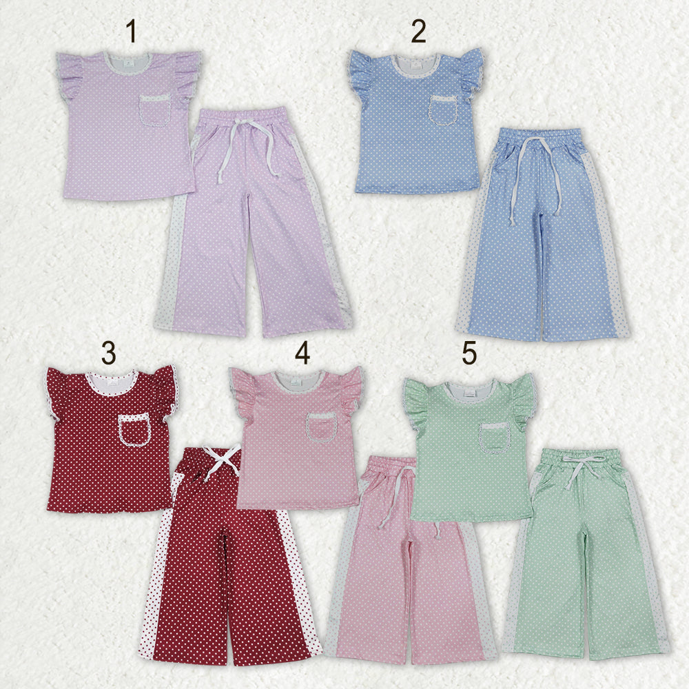 Sibling Baby Girls Flutter Sleeve Polka Dots Top Pockets Flare Pants Clothes Sets