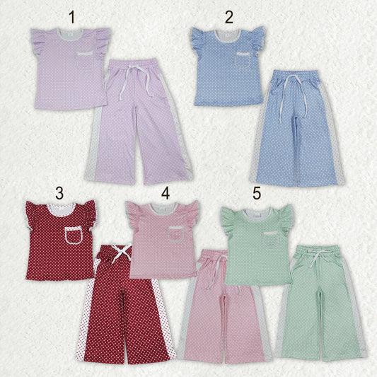 Sibling Baby Girls Flutter Sleeve Polka Dots Top Pockets Flare Pants Clothes Sets