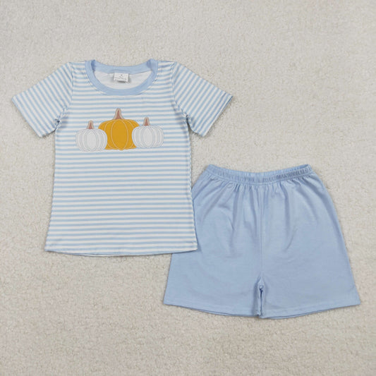 Baby Boys Blue Stripes Pumpkins Top Shorts Fall Clothes Set