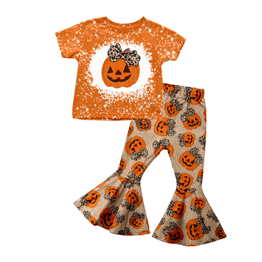 Baby Girls Leopard Bow Pumpkin Top Bell Pants Clothes Outfits Sets preorder(moq 5)