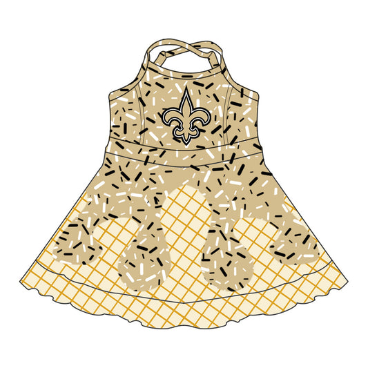 Preorder (moq 5)Baby Girls Drip Sprinkles New Orleans Saints Team Shorts Ruffle Knee Length Dress