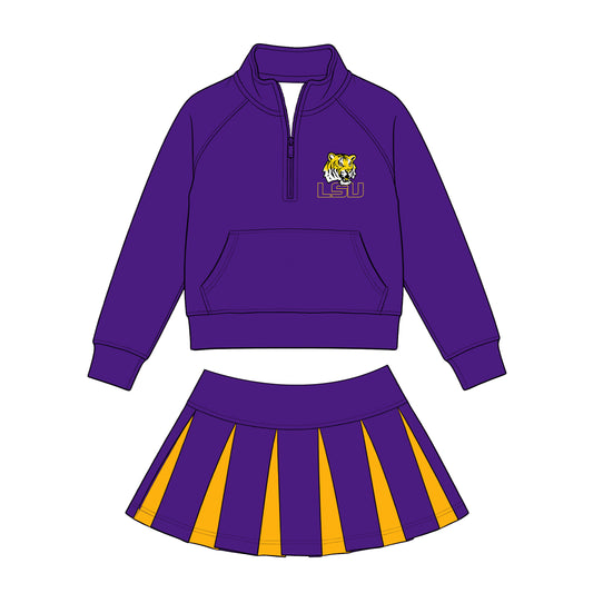 Preorder (moq 5)Baby Girls Zip Pocket LSU Tiger Pullovers Purple Yellow Skirt Short Team Clothes Set