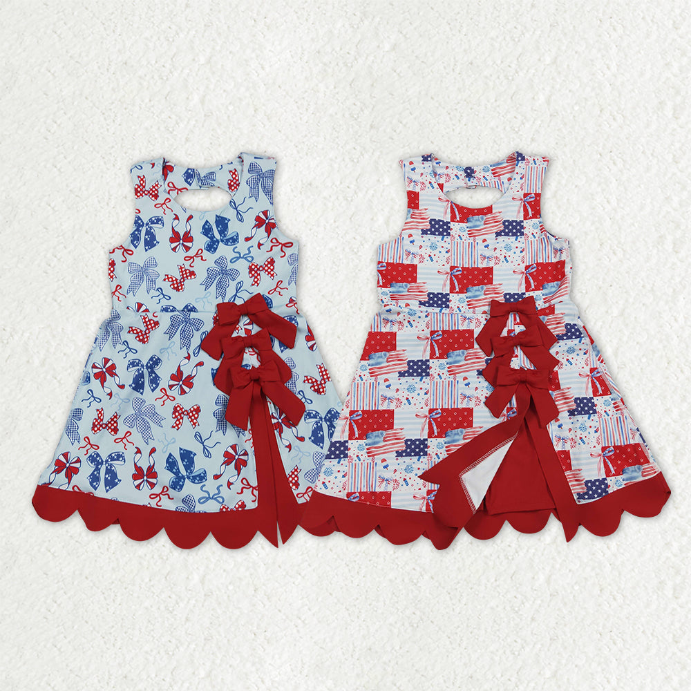 Sibling Baby Girls Bows Flags 4th of July Yoga Active  Scallop Short Knee Length Dresses
