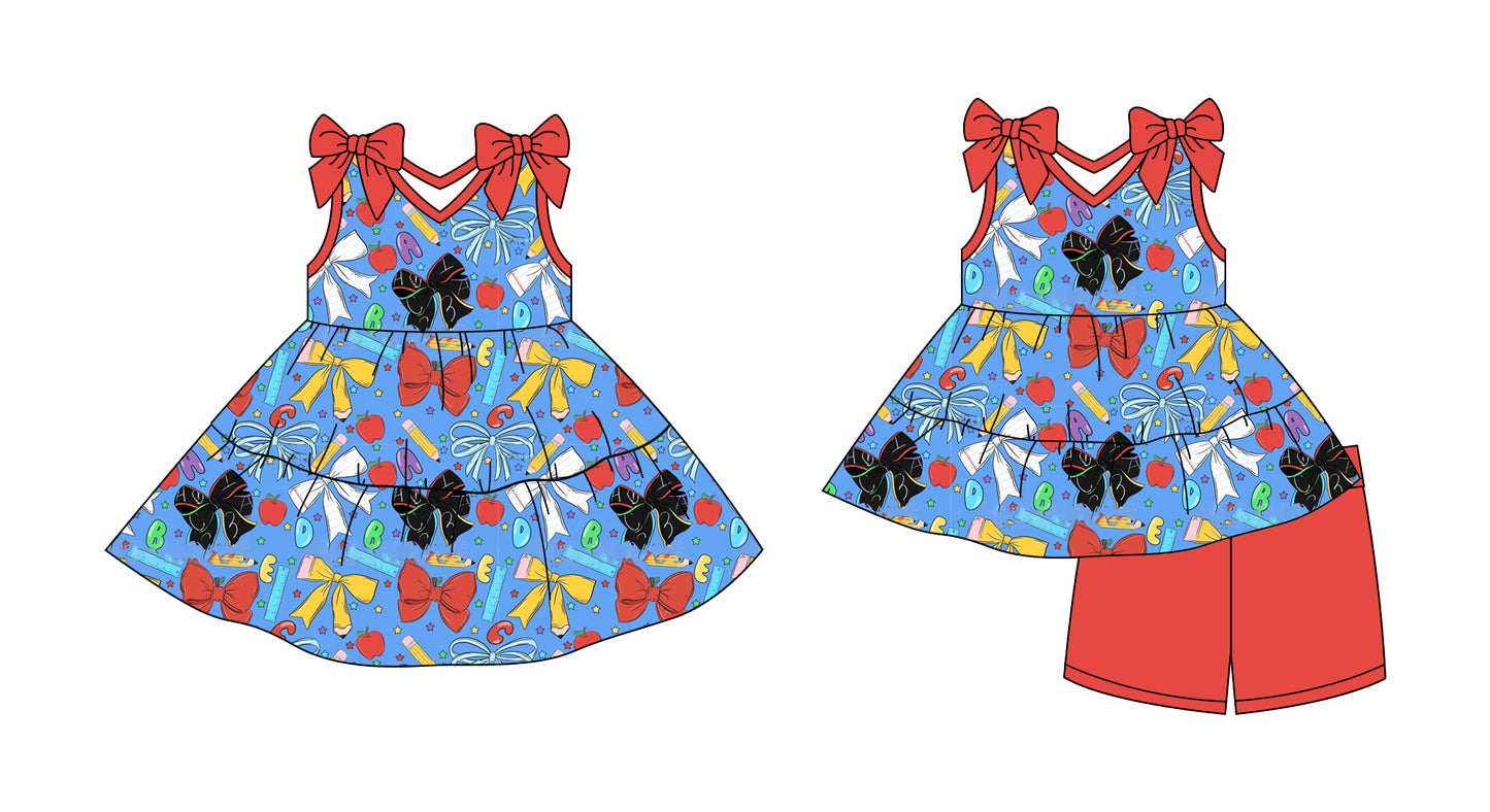 Preorder moq 5 Custom Baby Girls Peach Bows Sleeveless Colorful Bows Tunic Short Set Knee Length Dresses