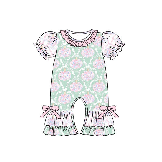 Baby Infant Girls Green Pumpkin Bows Short Sleeve Rompers preorder(moq 5)