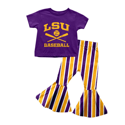Baby Girls Baseball Purple Team Tee Shirts Stripes Bell Pants Clothes Sets preorder(moq 5)