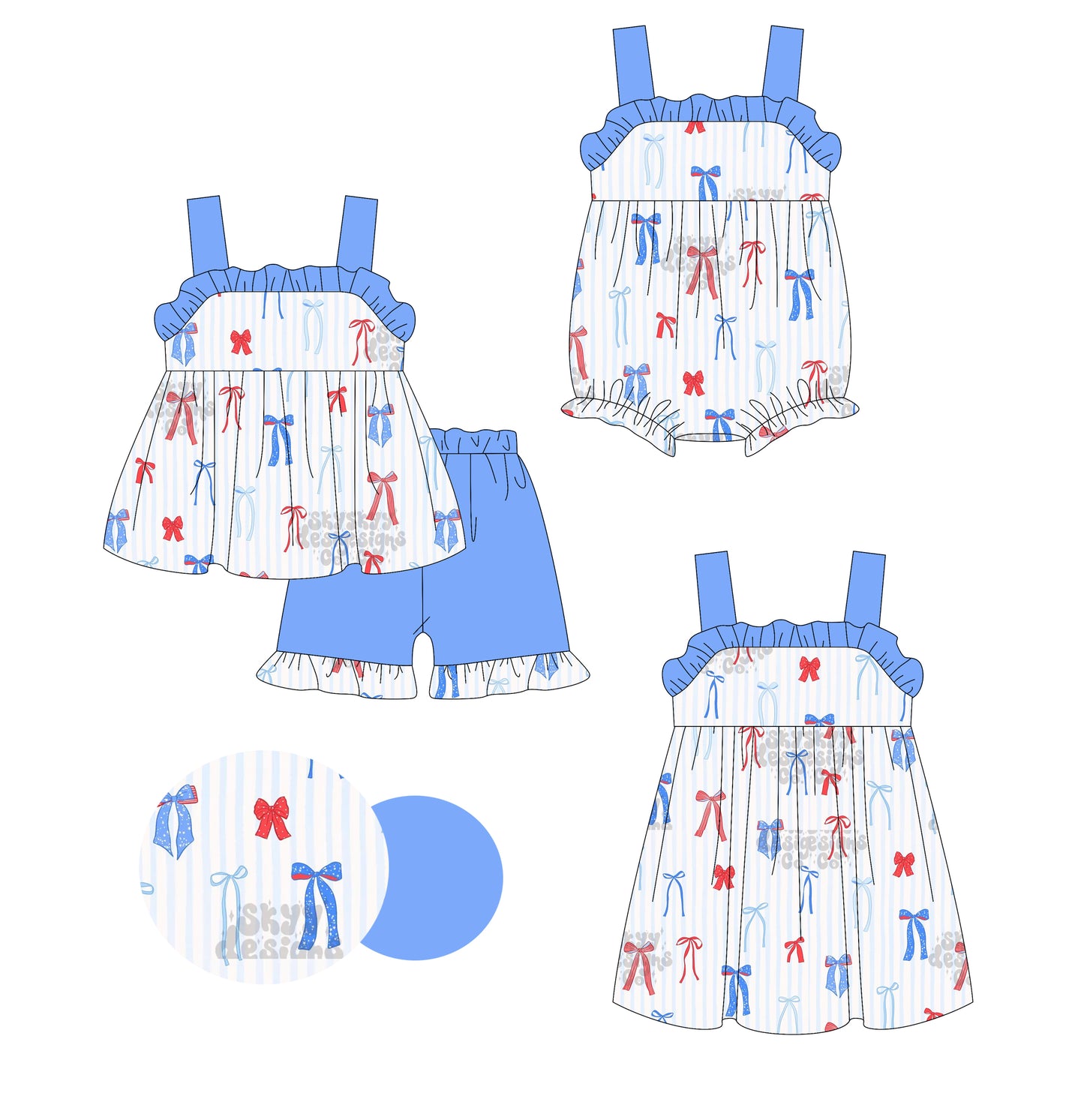 Preorder moq 5 Custom Baby Girls Blue Strap Red Bows Tunic Ruffle Short 4th Of July Set Dress And Rompers