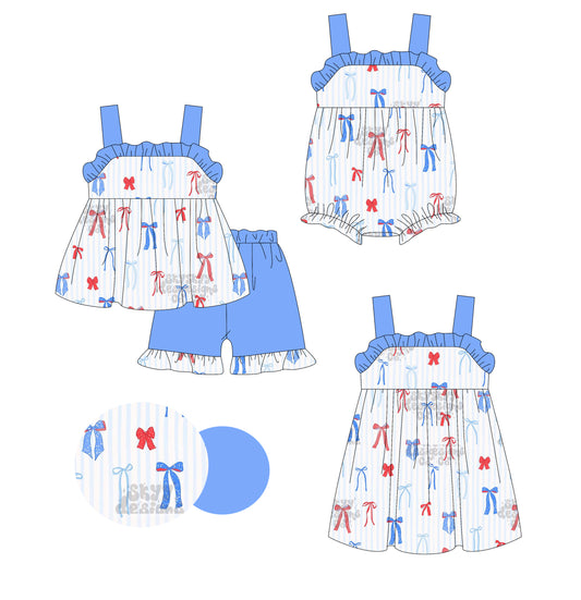 Preorder moq 5 Custom Baby Girls Blue Strap Red Bows Tunic Ruffle Short 4th Of July Set Dress And Rompers