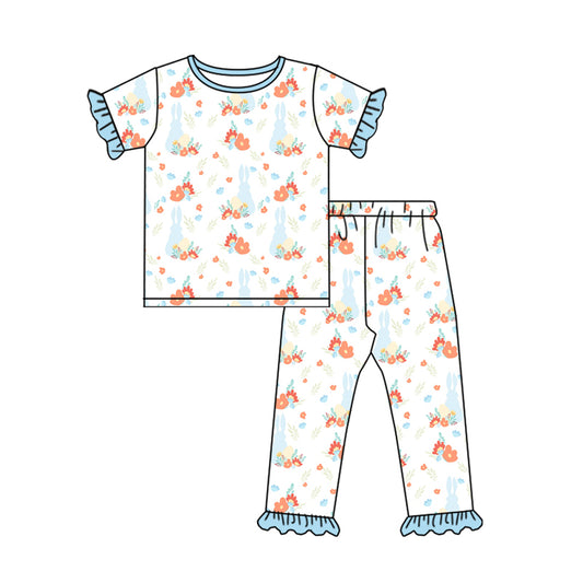 Baby Girls Easter Rabbits Flowers Shirt Top Pants Pajamas Outfits Clothes Sets preorder(MOQ 5)