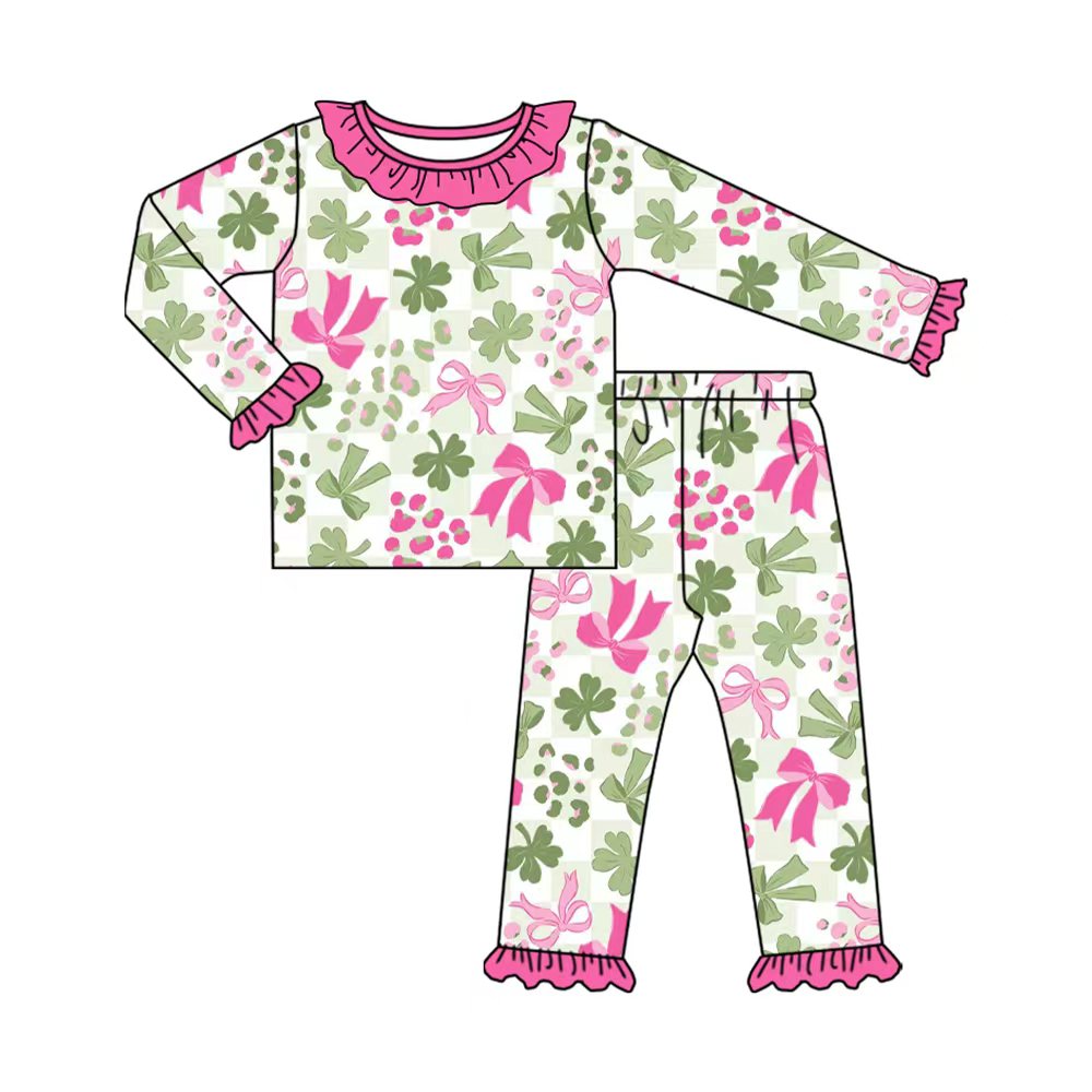 Preorder (moq 20)Baby Girls Bamboo St Patrick Clovers Bows Ruffle Pajamas Sets