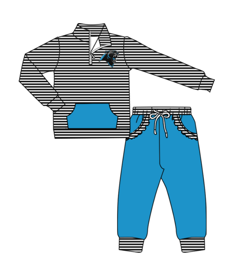 Preorder (moq 5)Baby Girls Black Stripe Leopards Zip Pullover Pockets Jogger Team Clothes Sets