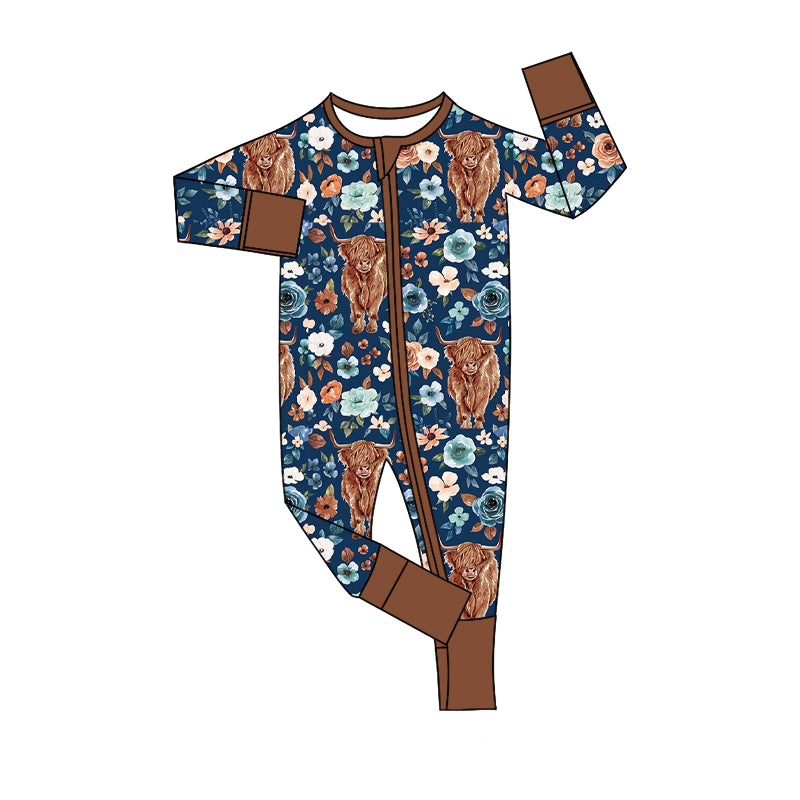 Baby Infant Western Flowers Highland Cows Bamboo Long Sleeve Zip Rompers preorder(moq 5)