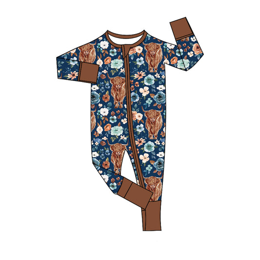 Baby Infant Western Flowers Highland Cows Bamboo Long Sleeve Zip Rompers preorder(moq 5)