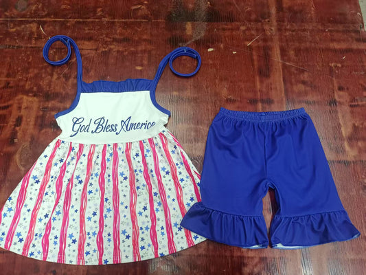 Preorder moq 5 Baby Girls Hot Blue Strap Stars Stripe Tunic Ruffle Short 4th Of July Set