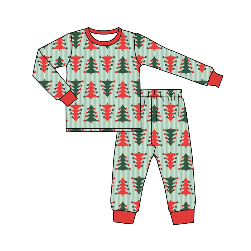 Baby Boys Christmas Red Green Tree Top Pants Pajamas Clothes Sets Preorder(moq 5)