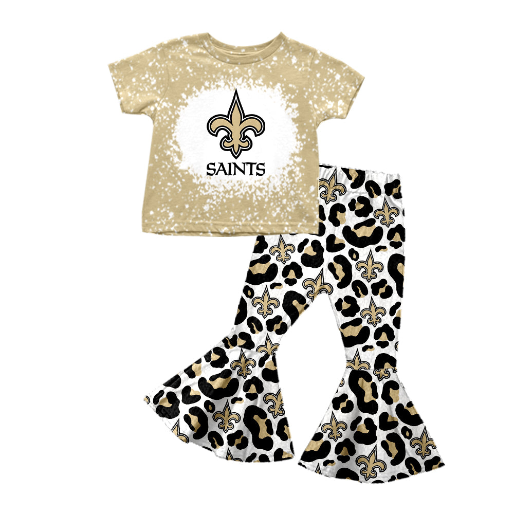 Baby Girls Saints Shirt Top Leopard Bell Bottom Pants Clothing Sets Preorder(moq 5)