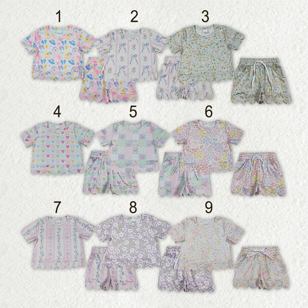 Sibling Baby Girls Colorful Flowers Top Pockets Shorts Scallop Clothes Sets
