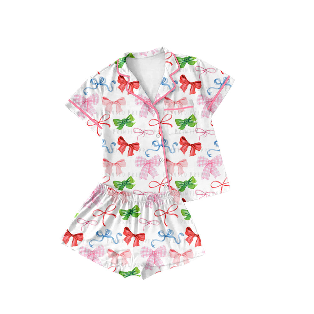 Preorder(moq 5)Adult Women Colorful Bows Pink Buttons Tee Shirts Shorts Pajamas Sets