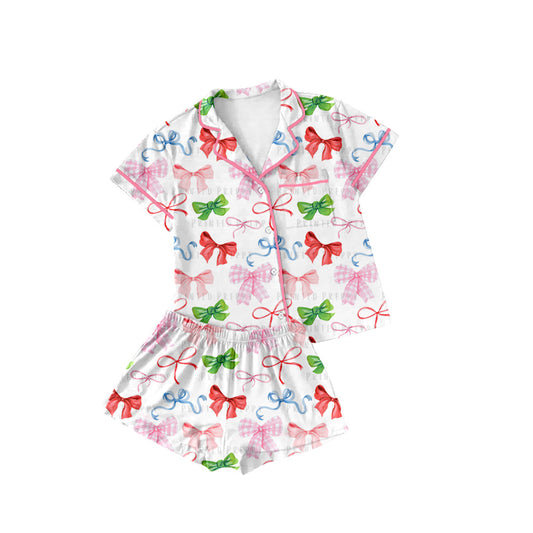 Preorder(moq 5)Adult Women Colorful Bows Pink Buttons Tee Shirts Shorts Pajamas Sets