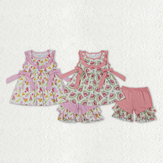 Sibling Baby Girls Sleeveless Watermelons Flowers Tunic Ruffle Shorts Clothes Sets