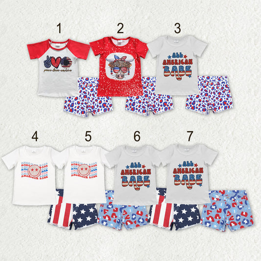 Sibling Baby Girls America Babe Stars Top Denim Pockets Shorts 4th of July Clothes Sets