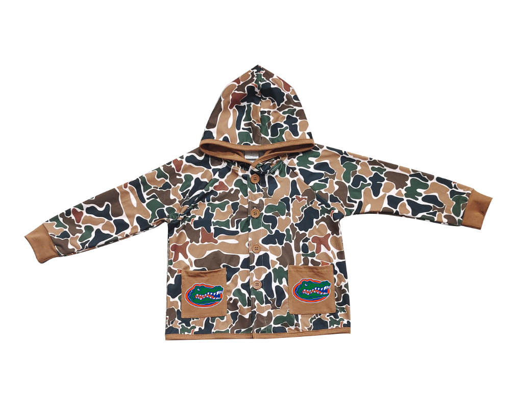 Preorder (moq 5)Baby Boys Dark Brown Camo Crocodiles Pockets Team Button Hoodie Jackets Top