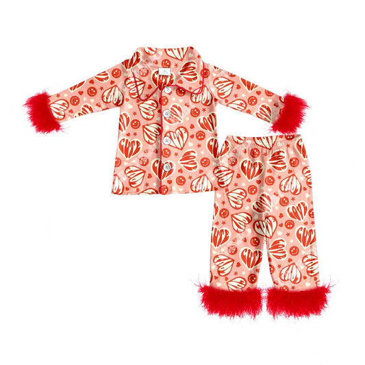 Preorder (moq 5)Baby Girls Hearts Smiles Button Top Pants Valentines Fur Sleeve Pajamas Sets